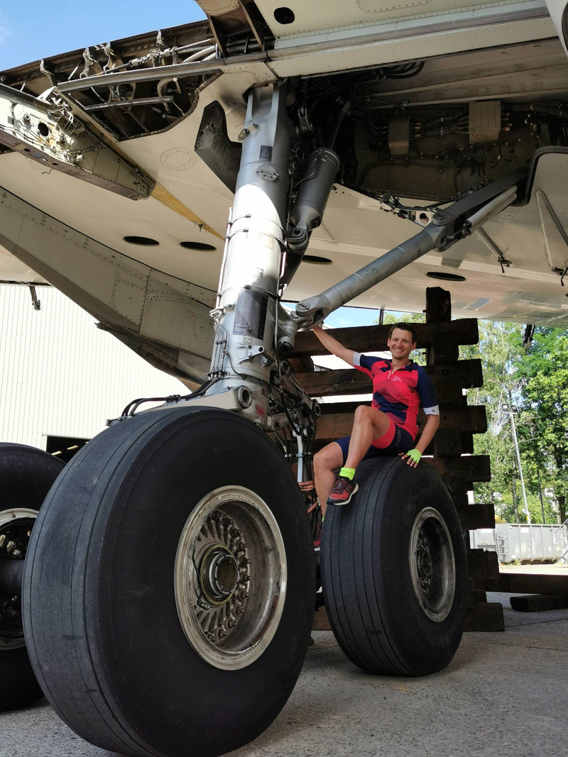 Sitting on wheels of airplane