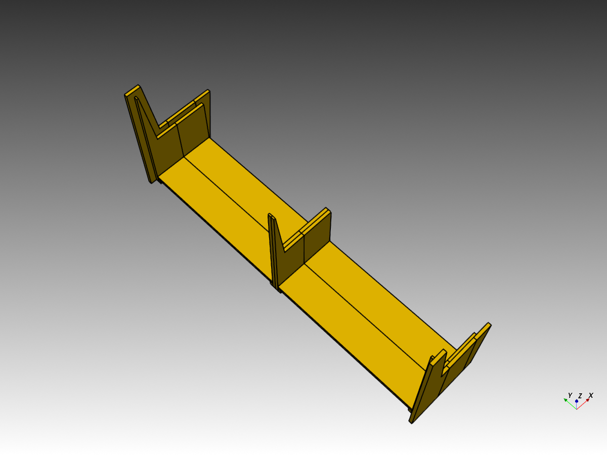 Gele CadQuery-render van het frame: twee zijpanelen, een middensteun en de bodem.