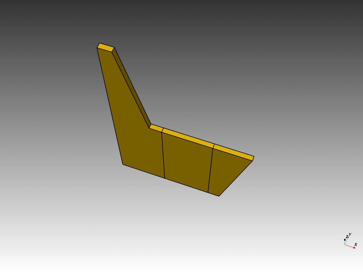 Gele CadQuery-render van één zijpaneel met schuine rugleuning.