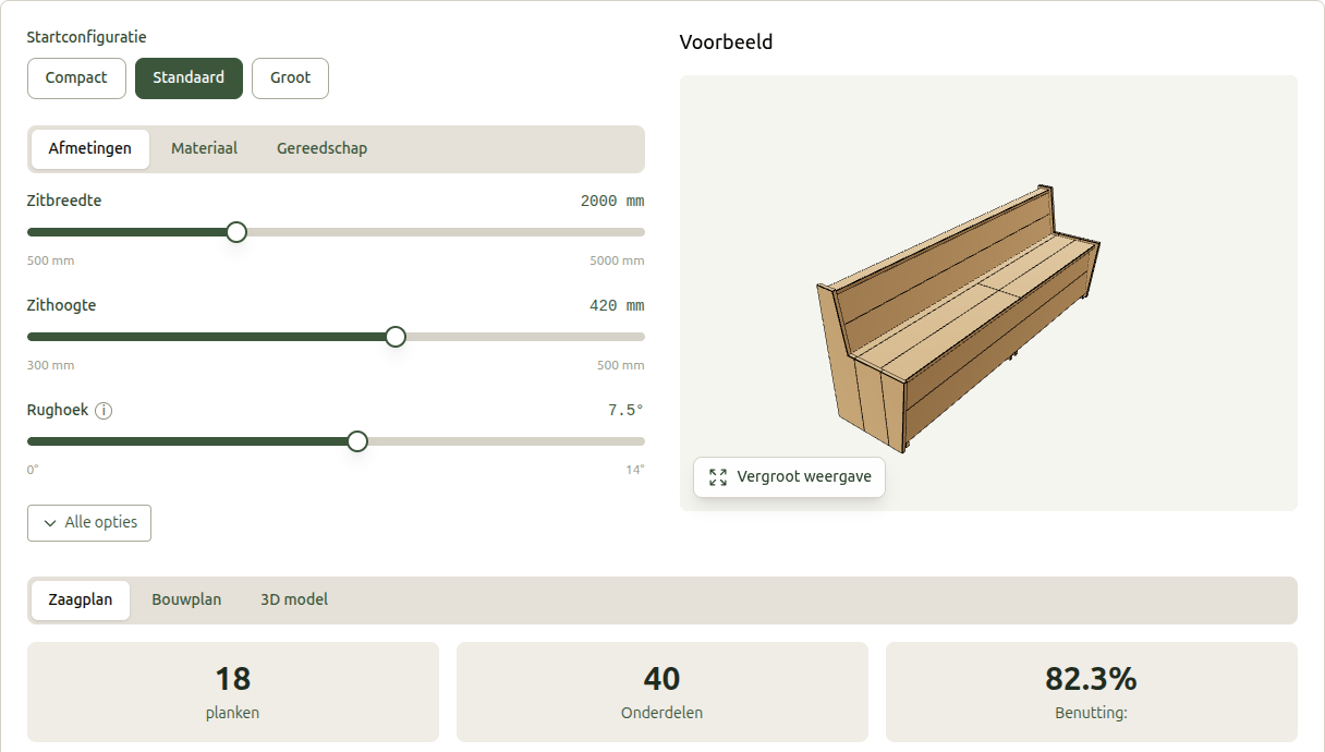 Screenshot van de configurator op nanosmid.nl met schuifjes voor de maten en een 3D-voorbeeld van de bank.