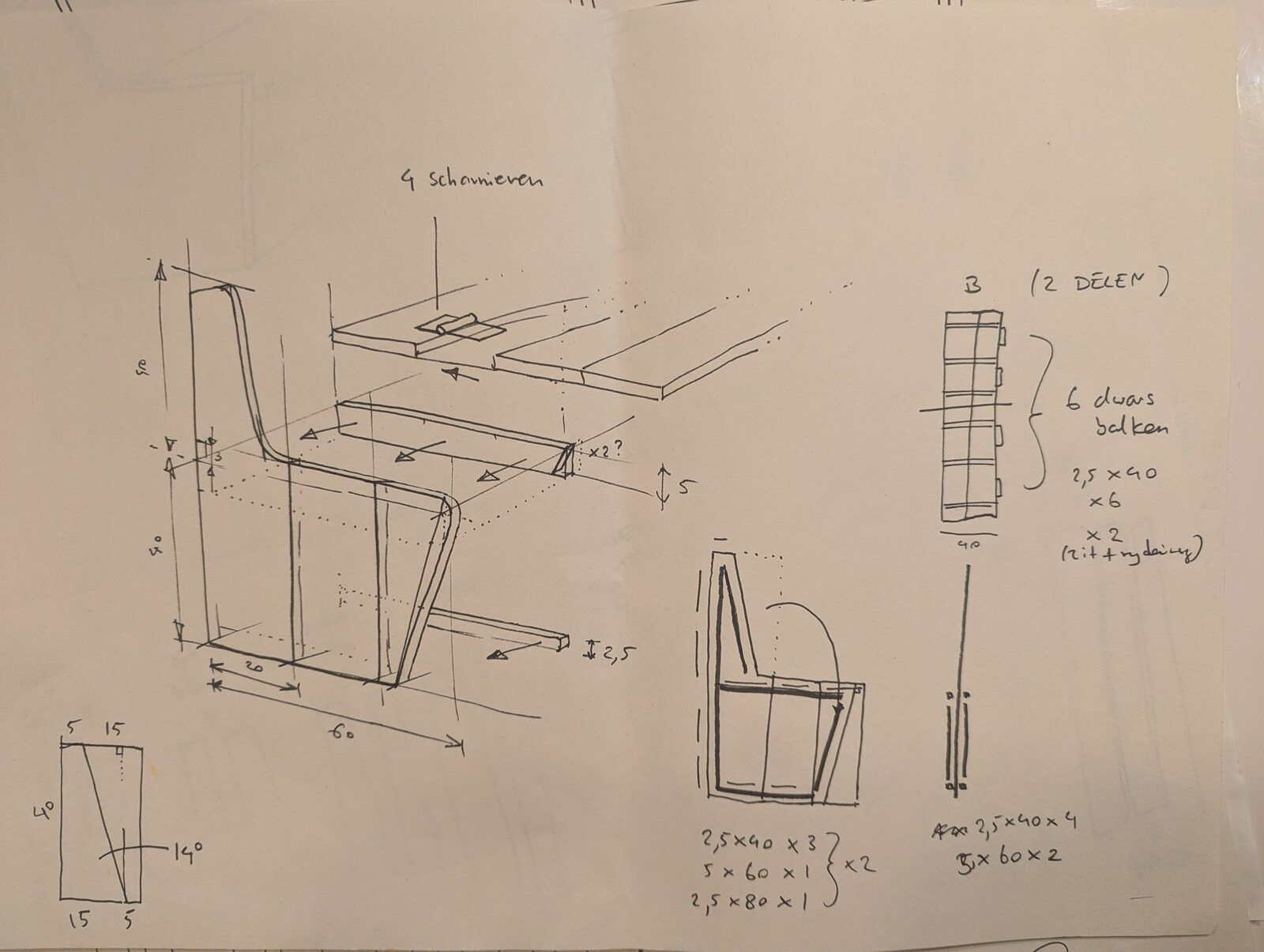 Pentekening van de Kura-bank in exploded view, met maten in centimeters en de notitie “4 scharnieren”.