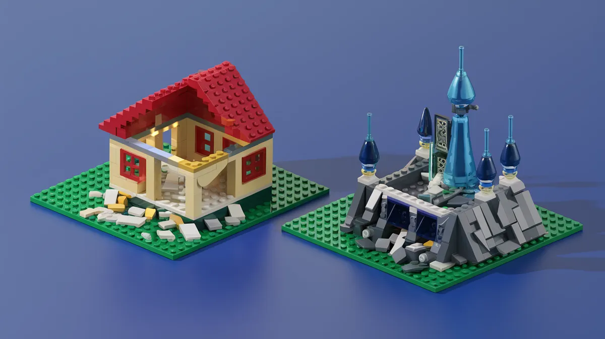 Een oud lego huis wordt afgebroken en een nieuw spacekasteel gebouwd