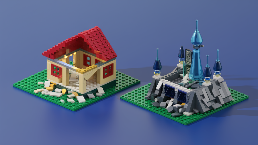 Een oud lego huis wordt afgebroken en een nieuw spacekasteel gebouwd
